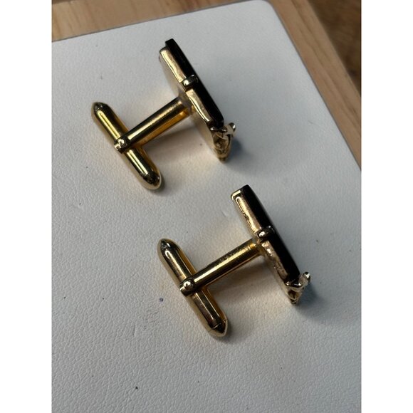 Vintage SWANK Gold Tone Cufflinks With Black Square Stone Accents Elegant Design - Picture 4 of 7